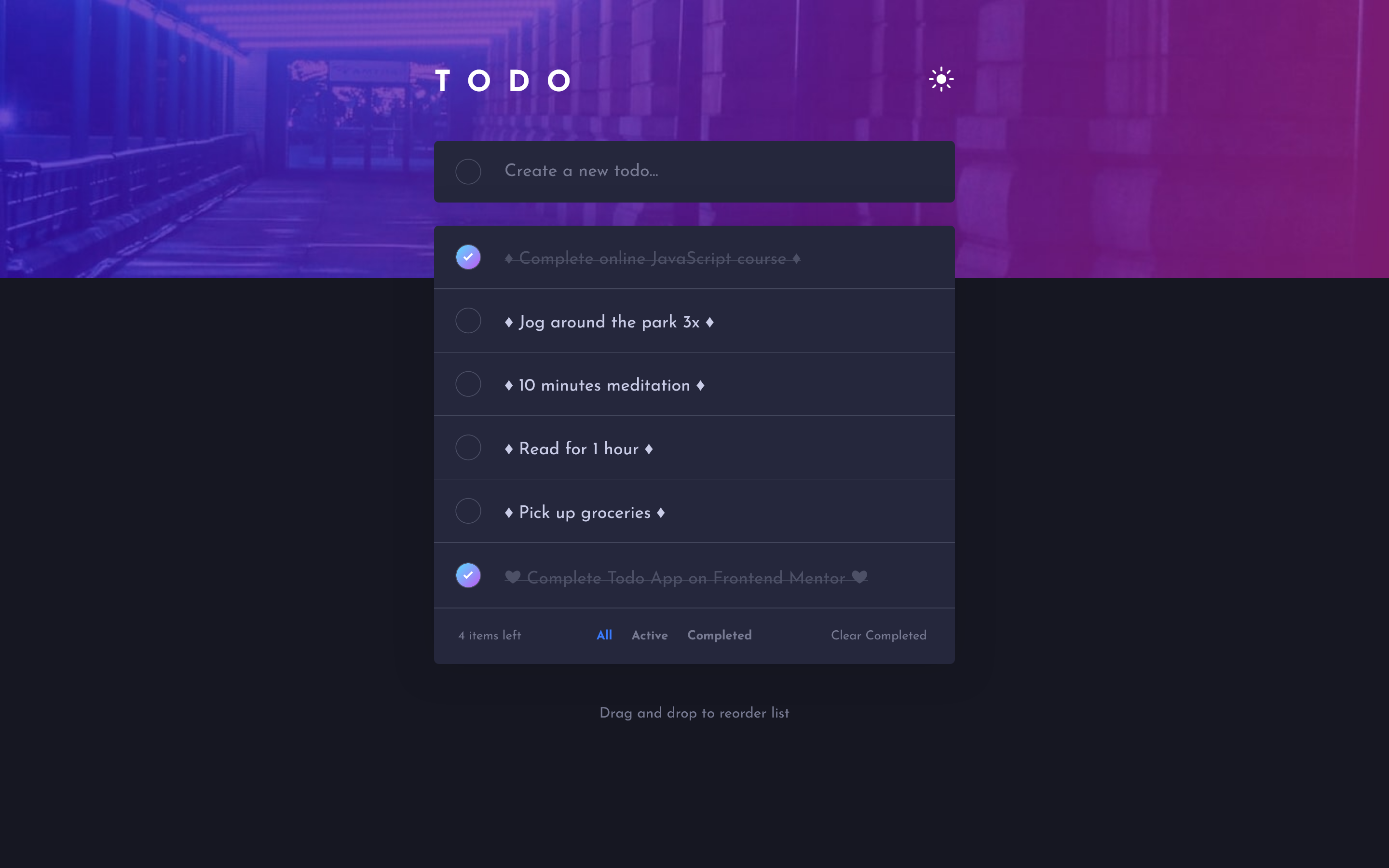 Todo app - Dark Theme on desktop