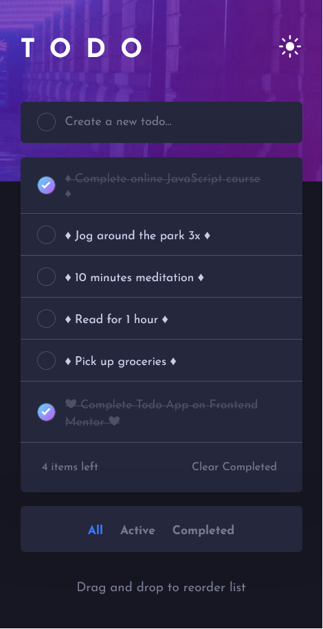 Todo app - Dark Theme on mobile